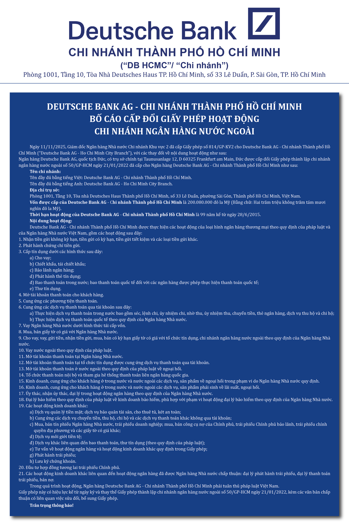 Deutsche Bank AG - Chi nhánh Thành phố Hồ Chí Minh bố cáo cấp đổi giấy phép hoạt động chi nhánh ngân hàng nước ngoài (Kỳ 2) - Ảnh 1