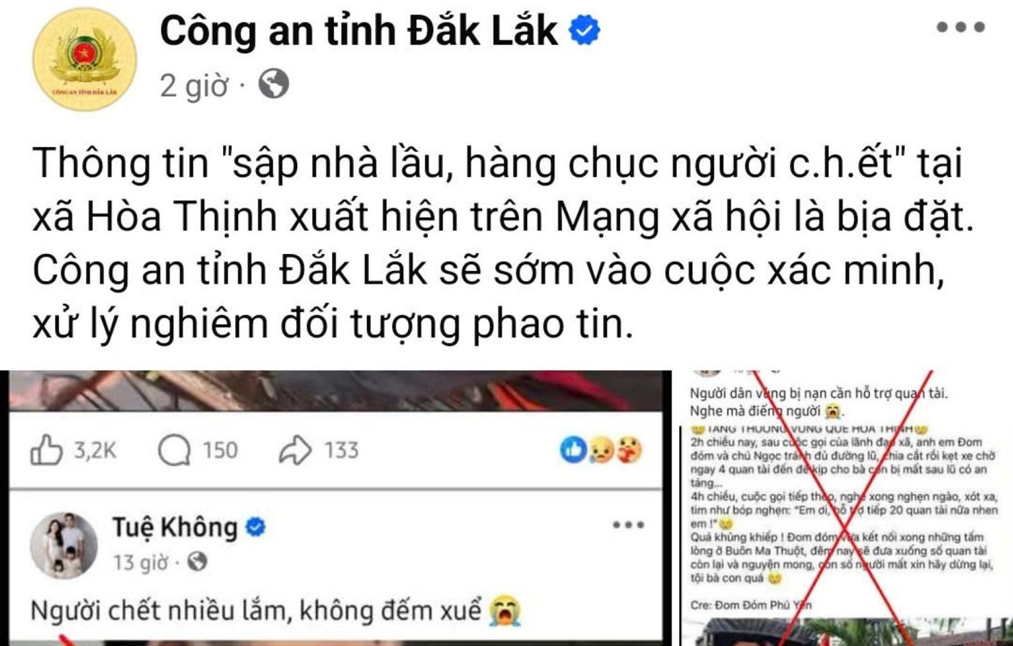 Công an tỉnh Đắk Lắk cho biết sẽ xử lý nghiêm đối tượng phao tin giả gây hoang mang. Ảnh: CA